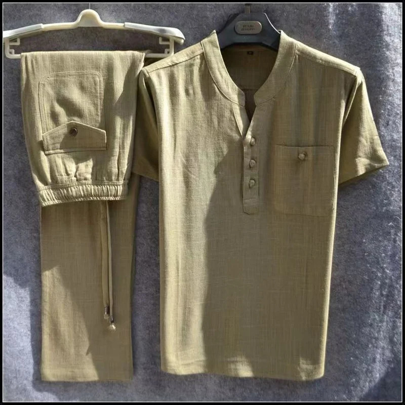 Summer Comfortable Short-Sleeved Button Shirt Sets Mens Solid Color Shirt Shorts Suit Mens Cotton Linen Casual Suit250616