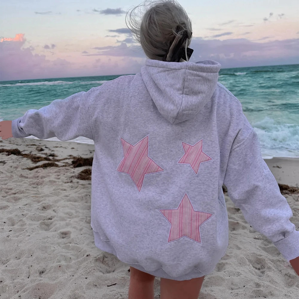 Womens Spring Autumn Y2K Drawstring Hooded Sweatshirts Long Sleeve Star Embroidery Loose Fir Pullover Tops with Kangaroo Pockets 250614