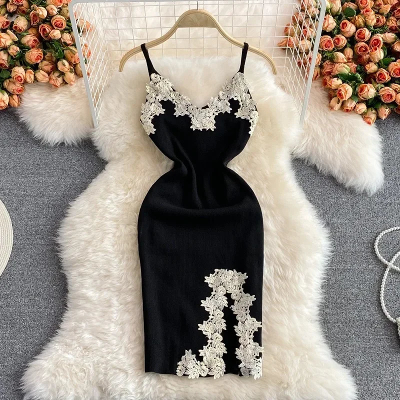 Sexy Backless Lace Patchwork Knitted Split Summer Dress Women Black Mini Party Dress Bodycon Sheath night Club Outfits 250617