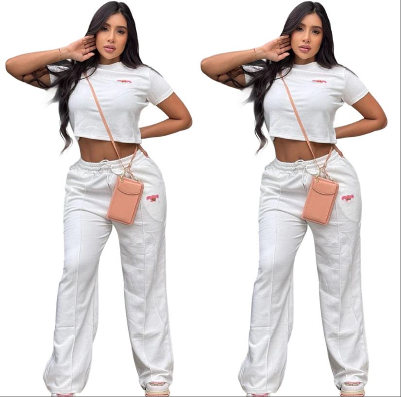 Womens Sportwear Fashion Sexy Solid Color Tracksuits Threaded Two Piece Set Summer Short Sleeve T-shirt And Long Pants Suit For Spring