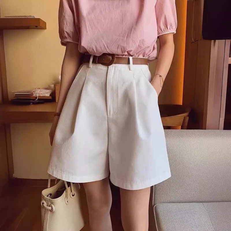 Summer Wide Leg Shorts for Women High Waist Casual Cotton Denim Short Pants with Belt GiRLs Korean A-line Womens Shorts 250619