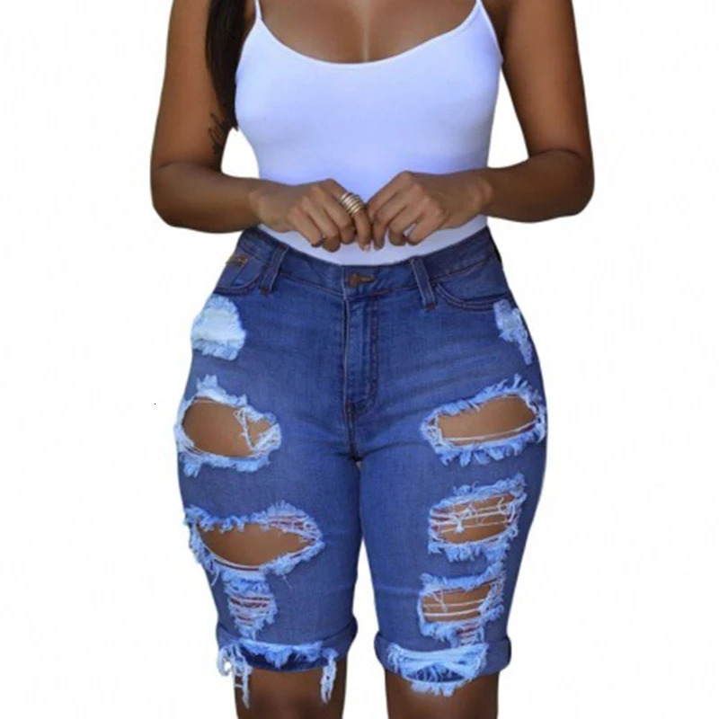 Summer Women High Waist Ripped Knee Length Shorts Jeans Lady Sexy Nightclub Stripper Denim Pants Female Cut Out Streetwear Jeans 250614