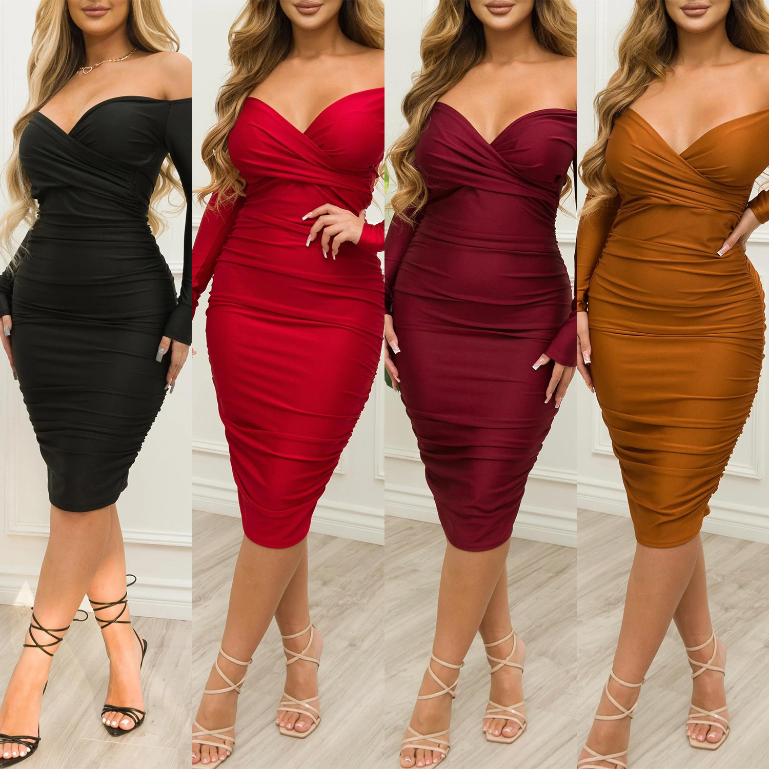 Z6805 Autumn and Winter New Womens Sexy One Shoulder Pleated Hip Wrapped Long Sleeve Dress