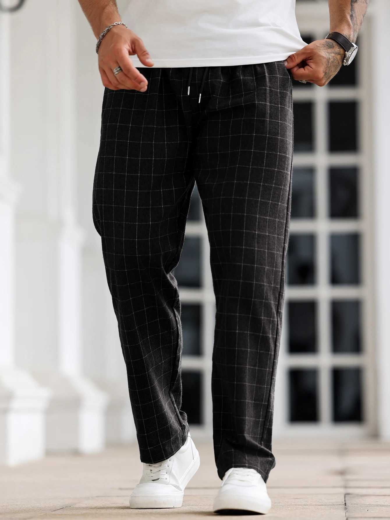 Mens Plaid Pants Solid Color Casual Straight-Leg Trousers Slim Fit Versatile Daily Home Pajamas for Travel And Holidays XJ250618