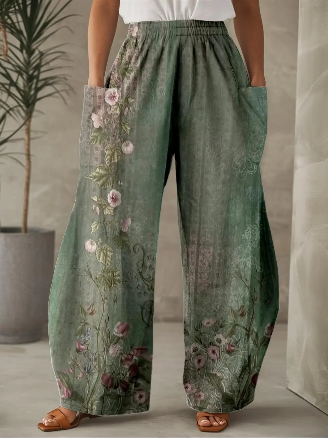 Plus Size 1XL5XL Women Fashion Floral Printed Pleated Wide Leg High Waisted Pants Female Casual Pocket Loose Long Trousers 250609