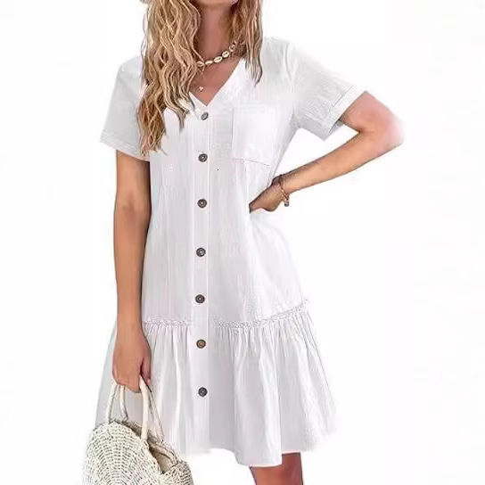 2025 Womens Button-Up Dress Loose Summer Cotton Linen Dress Ruffle Hem Casual Short Sleeve Dress