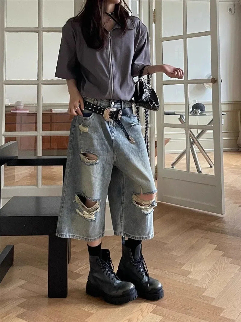 High Waist Vintage Hole Jeans Women American Hiphop Straight Denim Y2k Shorts Hollow Out Wide Leg Washed Calf-Length Loose 250614