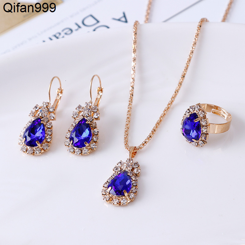 European and American Fashion Water Drop Rhinestone Necklace Earrings Ring Set Bridal Jewelry Wholesale Three-piece Set
