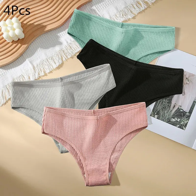 4PCS/Set Summer Solid Color Cotton Panties Female Underpants Sexy Panties for Women Briefs Underwear Plus Size Pantys Lingerie 250617