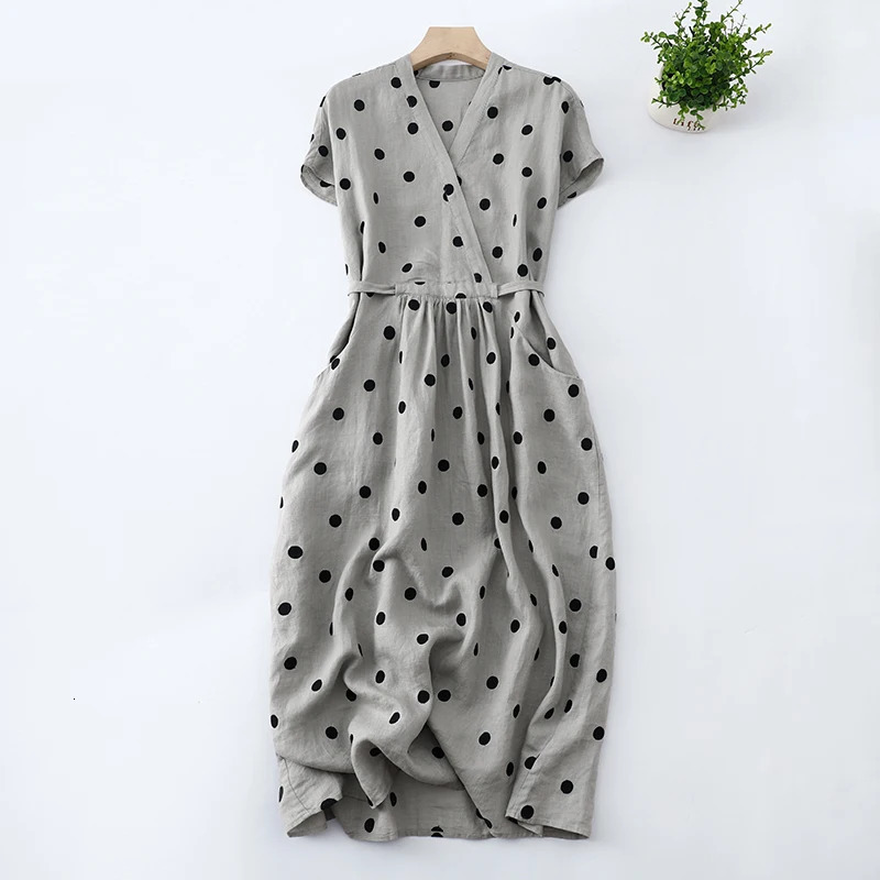 Cotton and Linen Dot V-neck Short-sleeved dress Womens Summer Korean Style Loose plus size Elegant Casual dress 250614
