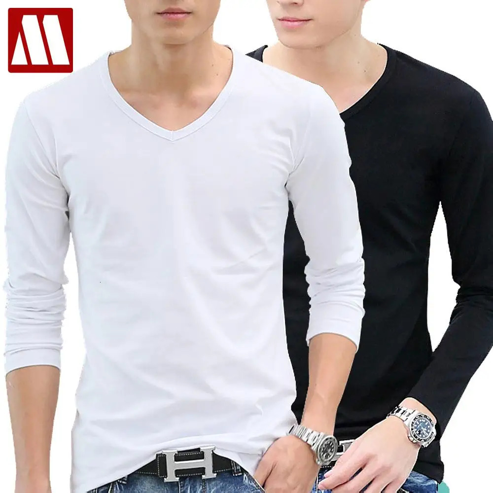 Summer Male Cotton Long Sleeve T-shirt Male V-neck White T Shirt Boys Mens Clothing Pure Color Basic Shirts S - 5XL 250614