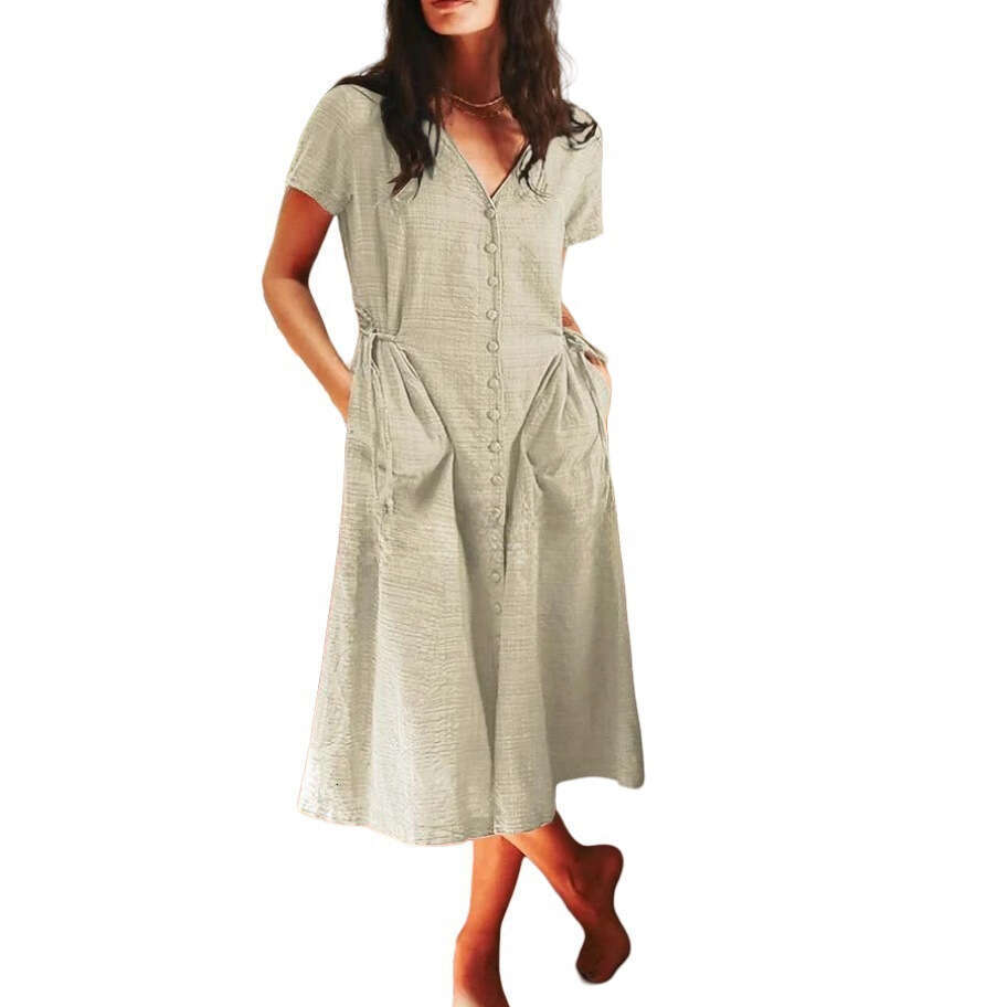 New Women's Summer Cotton Linen V-Neck Pocket Waist Slimming Dress B5