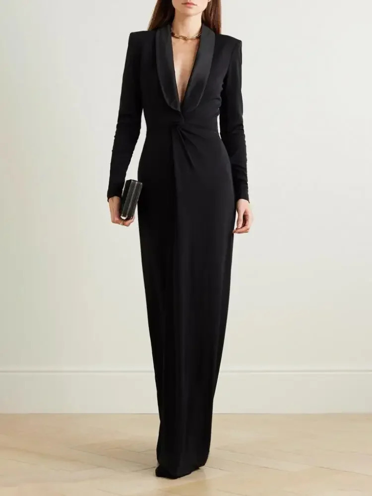 Missuoo Solid Black Slim Fit Dress for Women Deep V-neck Long Sleeves High Waist Skinny Floor Length Evening Dress Autumn 250616