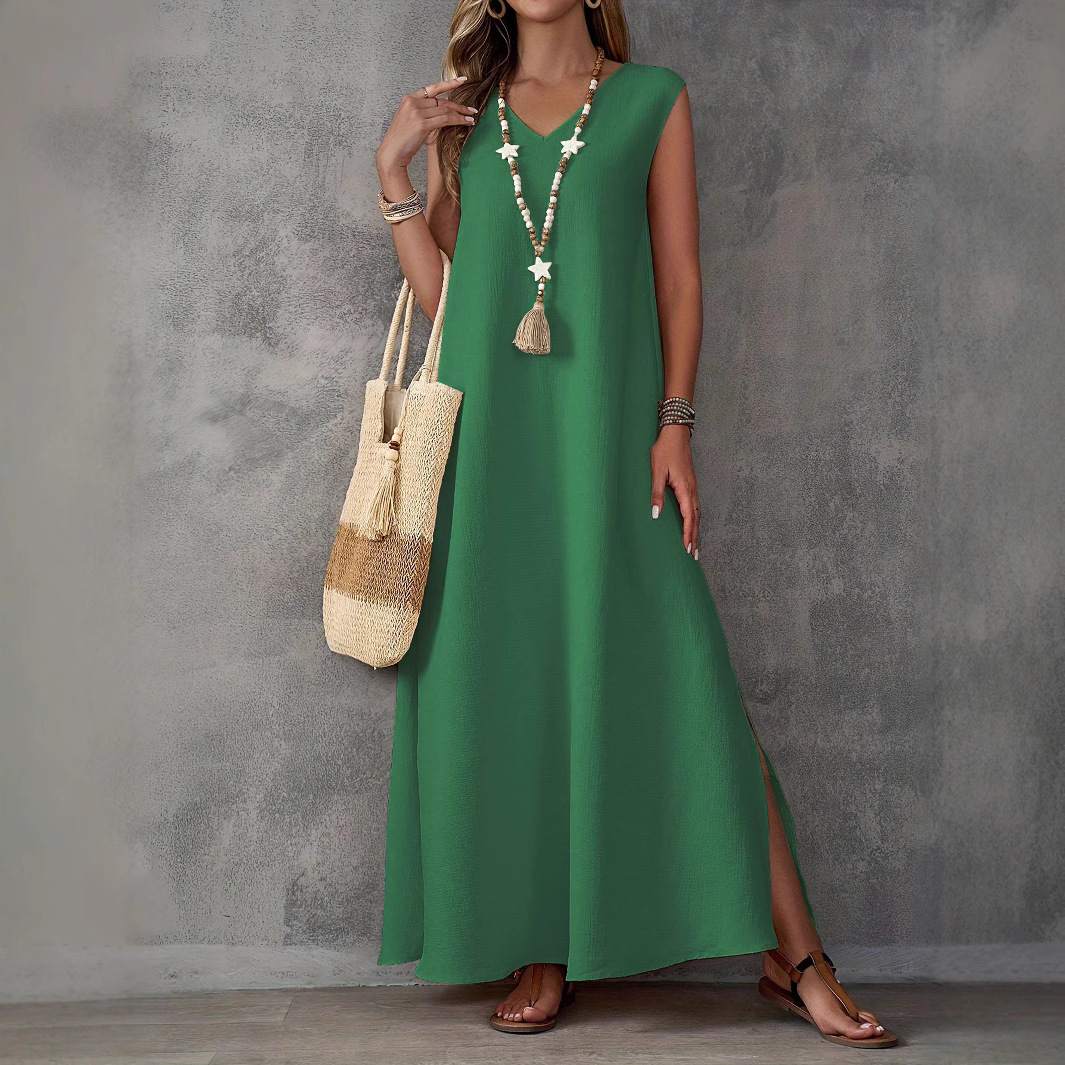 2025 Summer Dress Womens Sleeveless V-neck Side Slit Dress Elegant Long Dress
