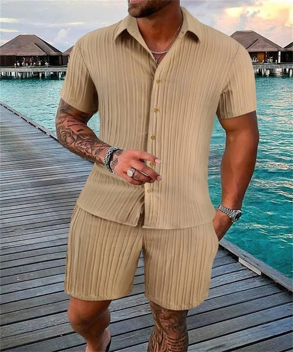 Mens Solid Color Loose Short Sleeve Shorts Suit Sports Striped Fitness Casual Top Beach Shorts Mens Suit Summer Fashion Trend 250614