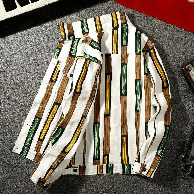 Male Jean Coats Autumn Striped Yellow with Print Mens Denim Jacket Y2k Vintage ed G Winter Outerwear er Joker Korea 250617