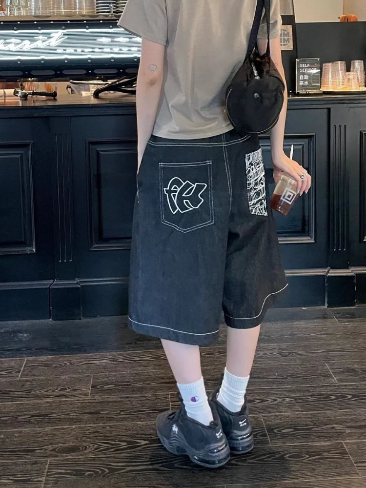 HOUZHOU Vintage Embroidery Y2k Jorts Women Hip Hop Style Baggy Denim Shorts Grunge Streetwear Black Wide Leg Knee Length Shorts 250614