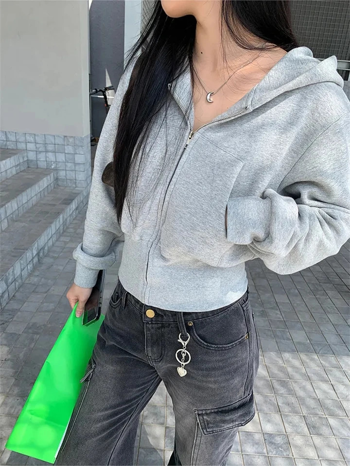 American Zipper Long Sleeve Short Solid Vintage Hoodies Hooded High Waist Slim Fit TopsWomen Y2k Sweatshirts Fleece Coats 250614