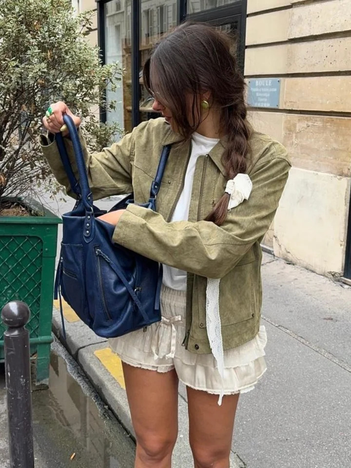 Lapel Zipper Suede Jacket Short Coat Pocket Leather Jackets Women Outwear Retro Personality Baggy Casual Overcoat Top Spring 250614