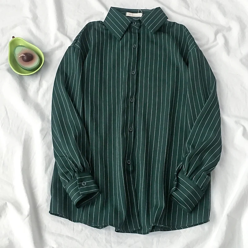 Autumn Retro Stripe Long Sleeve Womens Blouse Korean Style Streetwear Vintage Button Up Shirt Ladies Fashion Female Green Tops 250616