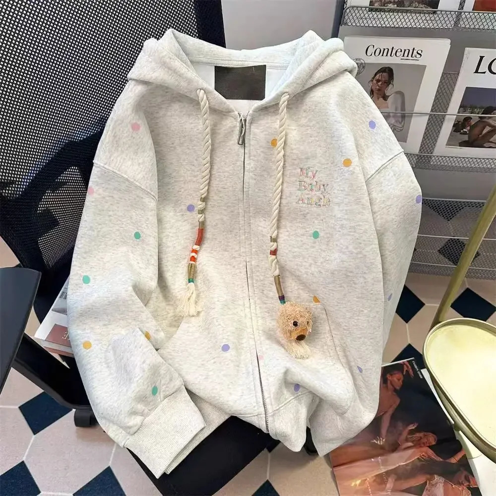 American retro color polka-dot embroidery hooded sweater womens autumn and winter loose casual Joker cardigan coat 250614