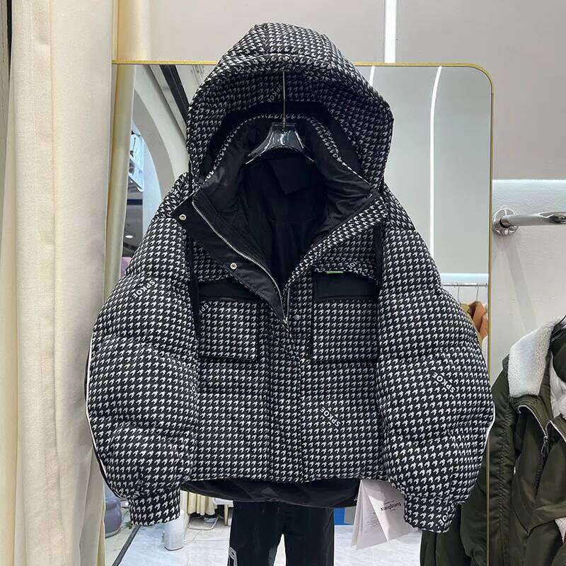 Houndstooth Short Puffer Jacket Women's Winter 90% Duck Down Coat Hooded Female Feather Parka