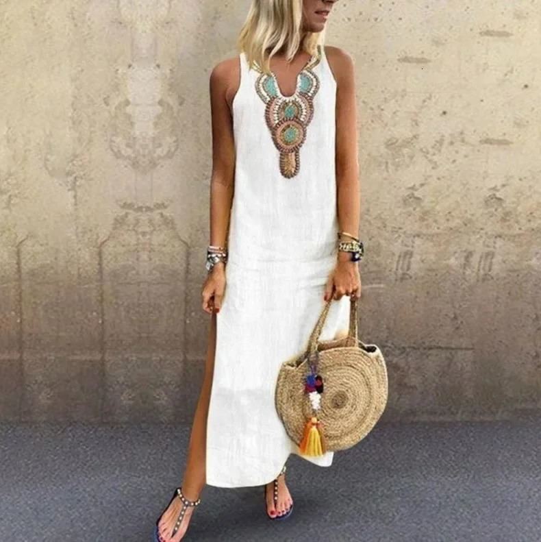 2025 Spring Fashion Womens Long White Dress V-neck Sleeveless Casual Dresses Female Trendy Loose Beach Bohemian Clothes Ladies 250619