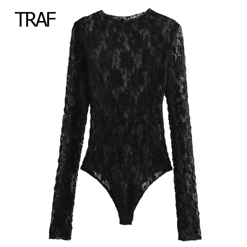 TRAF Lace Bodysuit Womens Bodysuit Auutmn Black Cutwork O-Neck Long Sleeves High Spandex Bodysuits Sexy Lingerie For Fine Women 250618