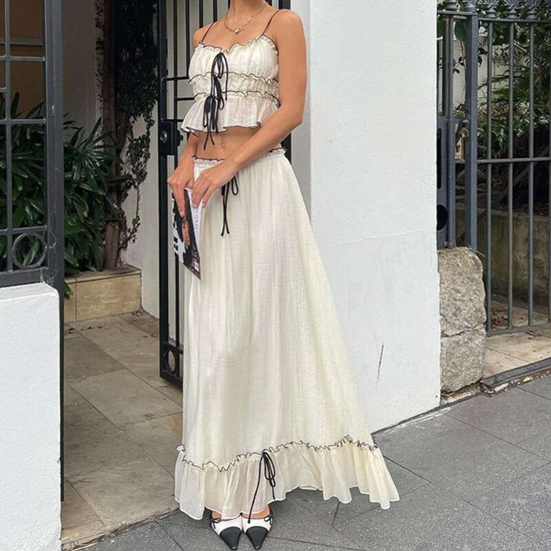 Women's Fashion Summer New French Style Sexy Vacation Top With Strap And Elegant Long Skirt Set B5