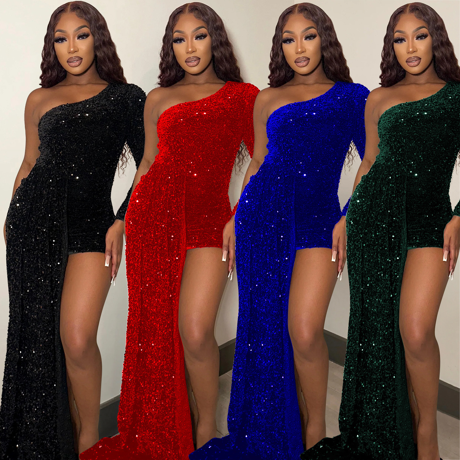 Z2111 Autumn Winter New Sexy Slim Fit One-Shoulder Long Sleeve Sequin Flare Dress for Women