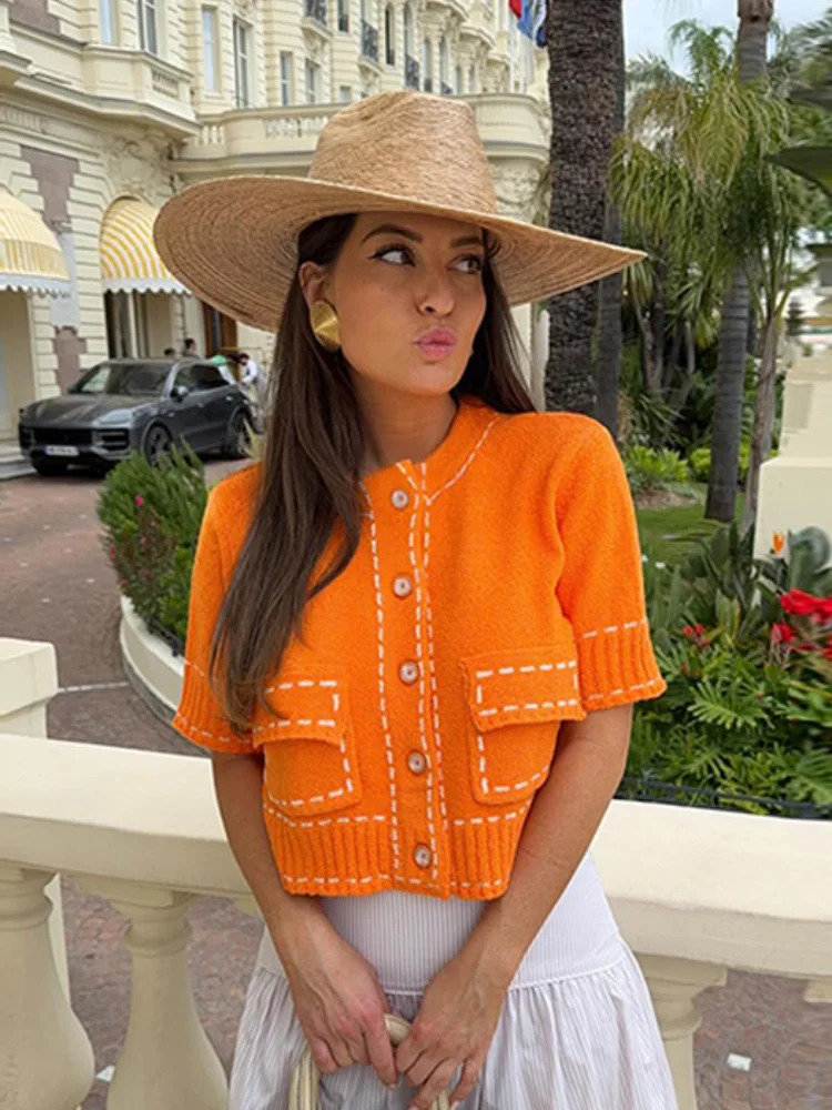 Knitted Short Sleeve Summer Cardigans Women Striped Single Breasted O-neck Long Sleeve Short Sweater 2025 Commute Lady Tops 250618
