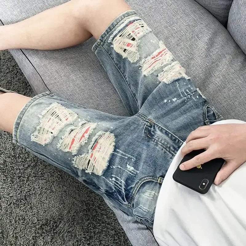 Short Jeans Pants for Men Ripped Multi Color Graphic Mens Denim Shorts in Cowboy Blue Summer Y2k Fashion Streetwear Korean XL 250618