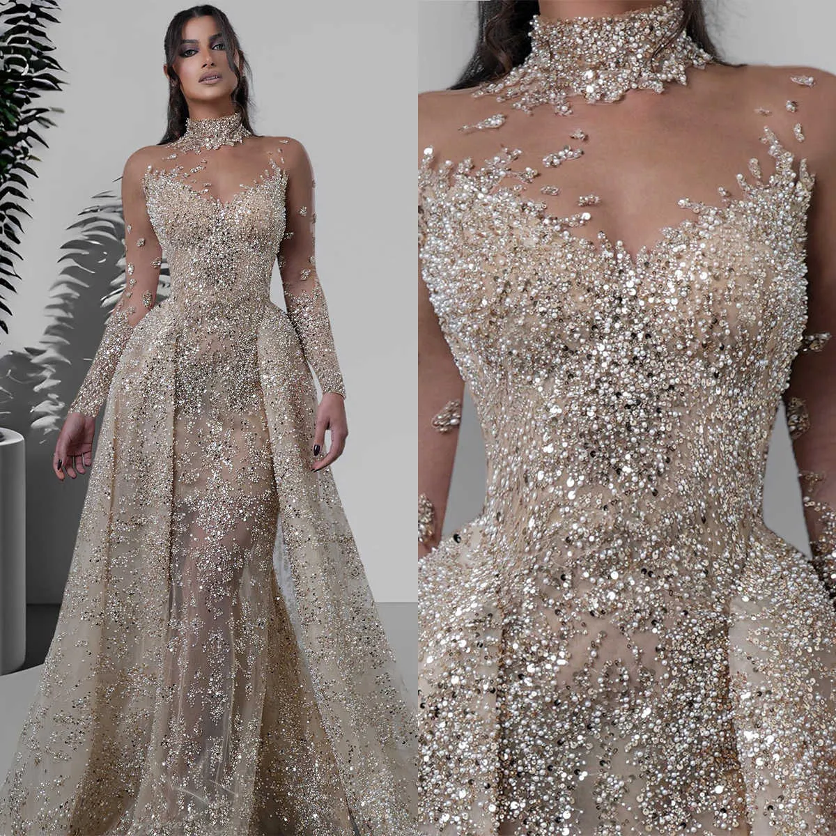 Elegant Mermaid Wedding Dresses Beading Pearls Bridal Gowns with Detachable Train Long Sleeve Sequins Customized Bride Dress