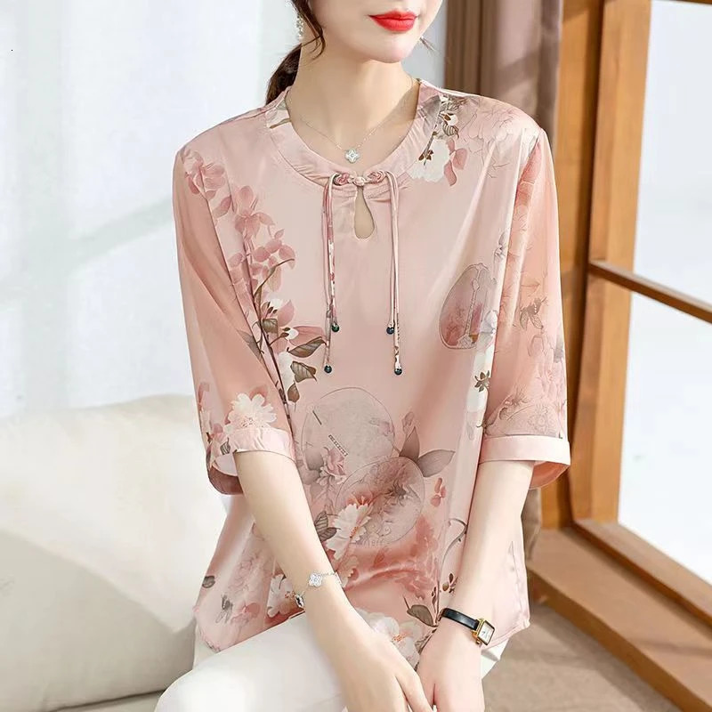 Women Button Summer Short Sleeved Silk Blouse Womens Elegant Loose Top Flower Retro Print T-shirt Plus Size Shirt Tops 250619