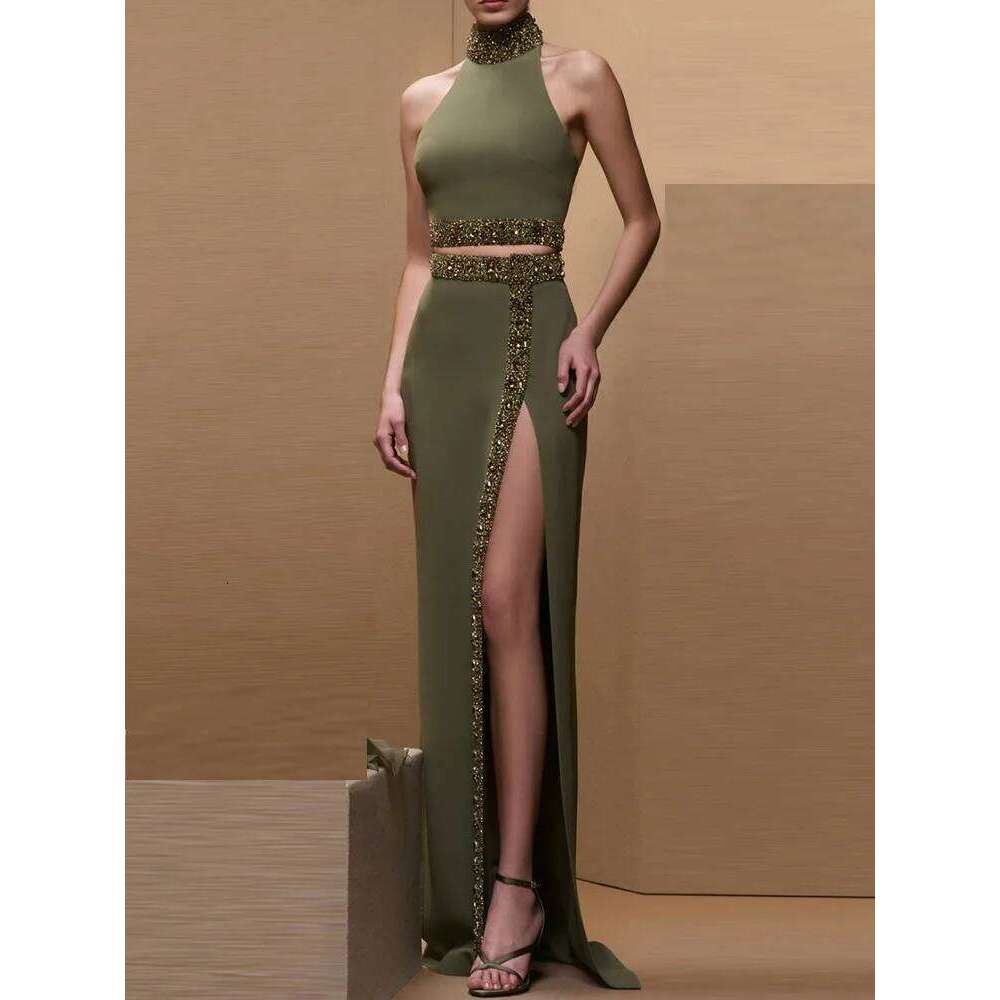 Designer Clothing 2025 Solid Spliced Dias Two Piece For Women O Neck Sleeveless Top High Waist Slimming Skirt Sets Female