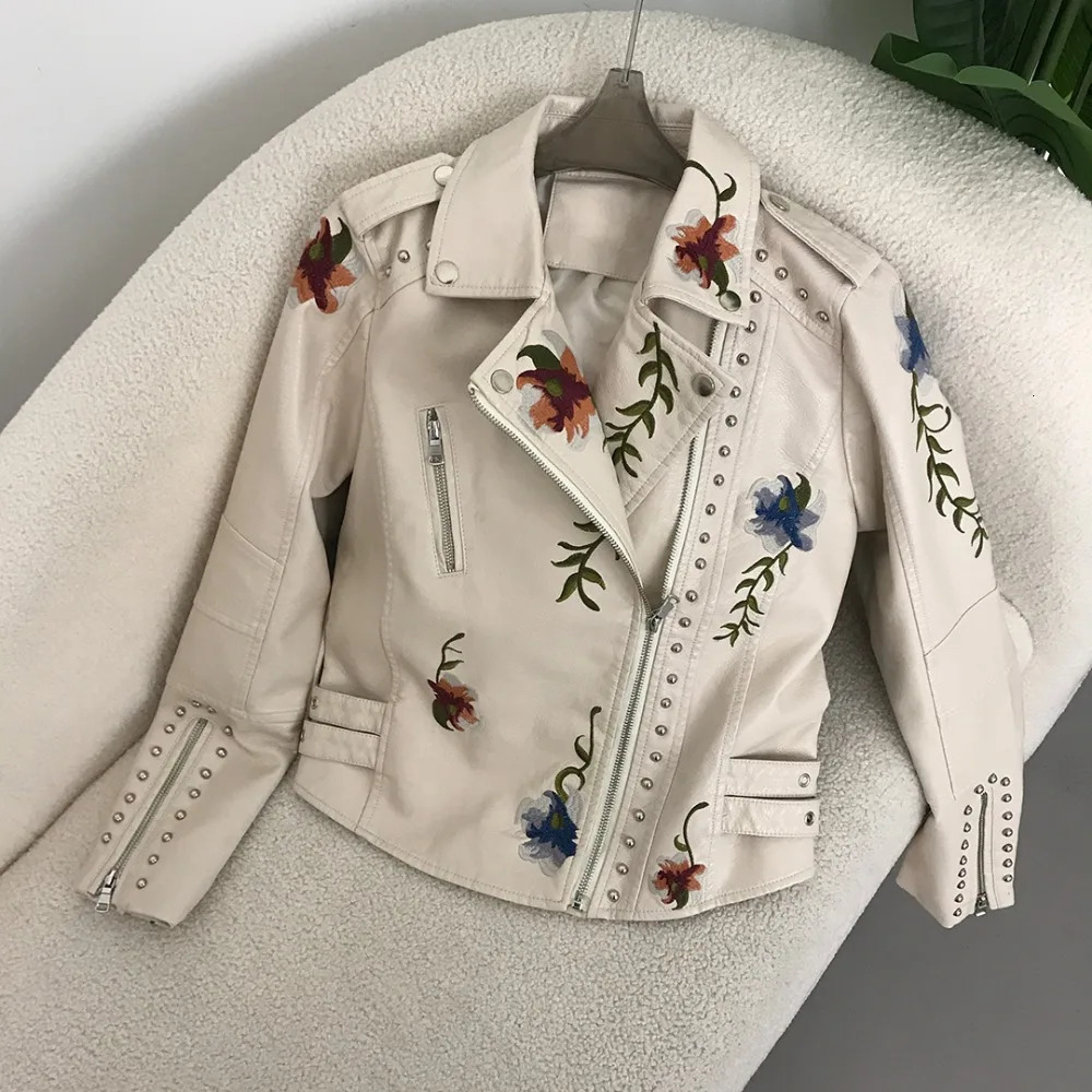 PU Leather Jackets Womens Embroidered Rivet Coat Moto Biker Streetwear Zipper Overcoat Spring biker jacket Clothes 250618
