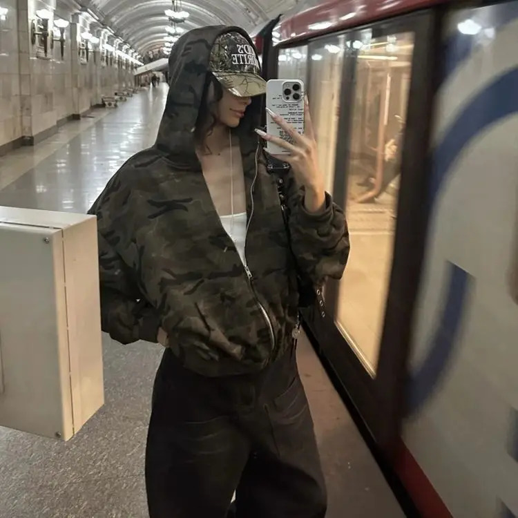 Streetwear Hoodie Y2k Harajuku Retro Camouflage Oversized Zipper Hooded Sweatshirt Mens and Womens Punk Hip Hop Pullover Hoodie 250614