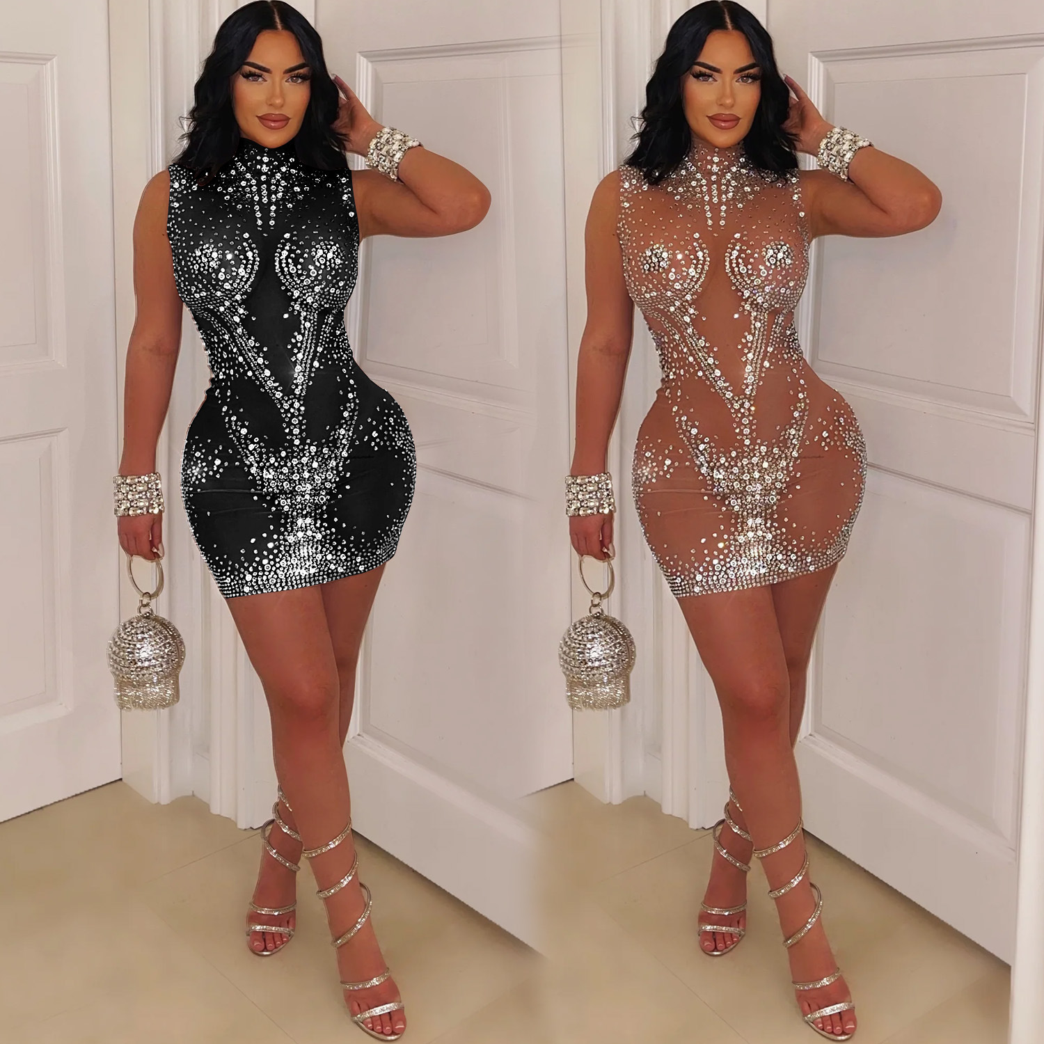 Z2255 Summer New Product Womens Sexy Mesh Hot Diamond Sleeveless Dress Short Skirt Hip Wrapping Skirt Female