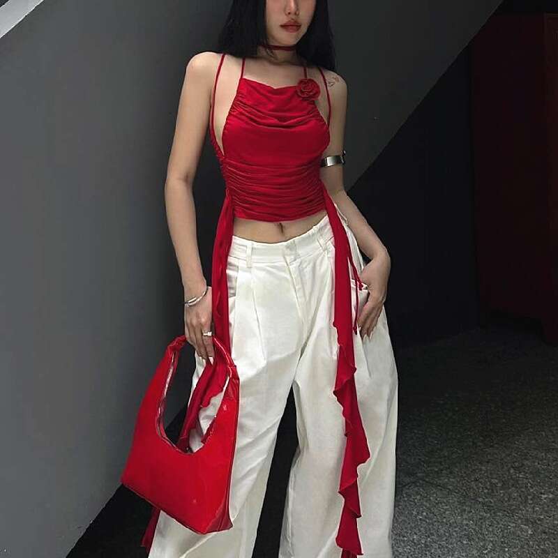 Sexy Hot Girl Pleated 3D Flower Halter Neck Slim Fit Tank Spring Summer Pure Desire Sleeveless French Style Elegant Top B5