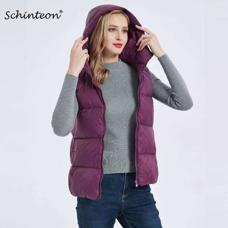 Schinteon Women Ultralight 90% White Duck Down Vest with Hood Casual Slim Thick Autumn Winter Waistcoat Gilet New Arrival