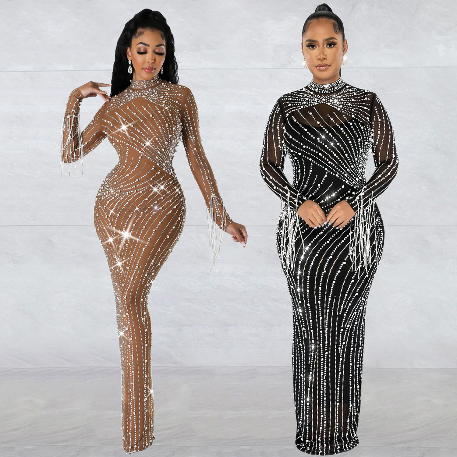 Z2215 Autumn/Winter New Product Womens Sexy Mesh Hot Diamond Nightclub Party Long Dress