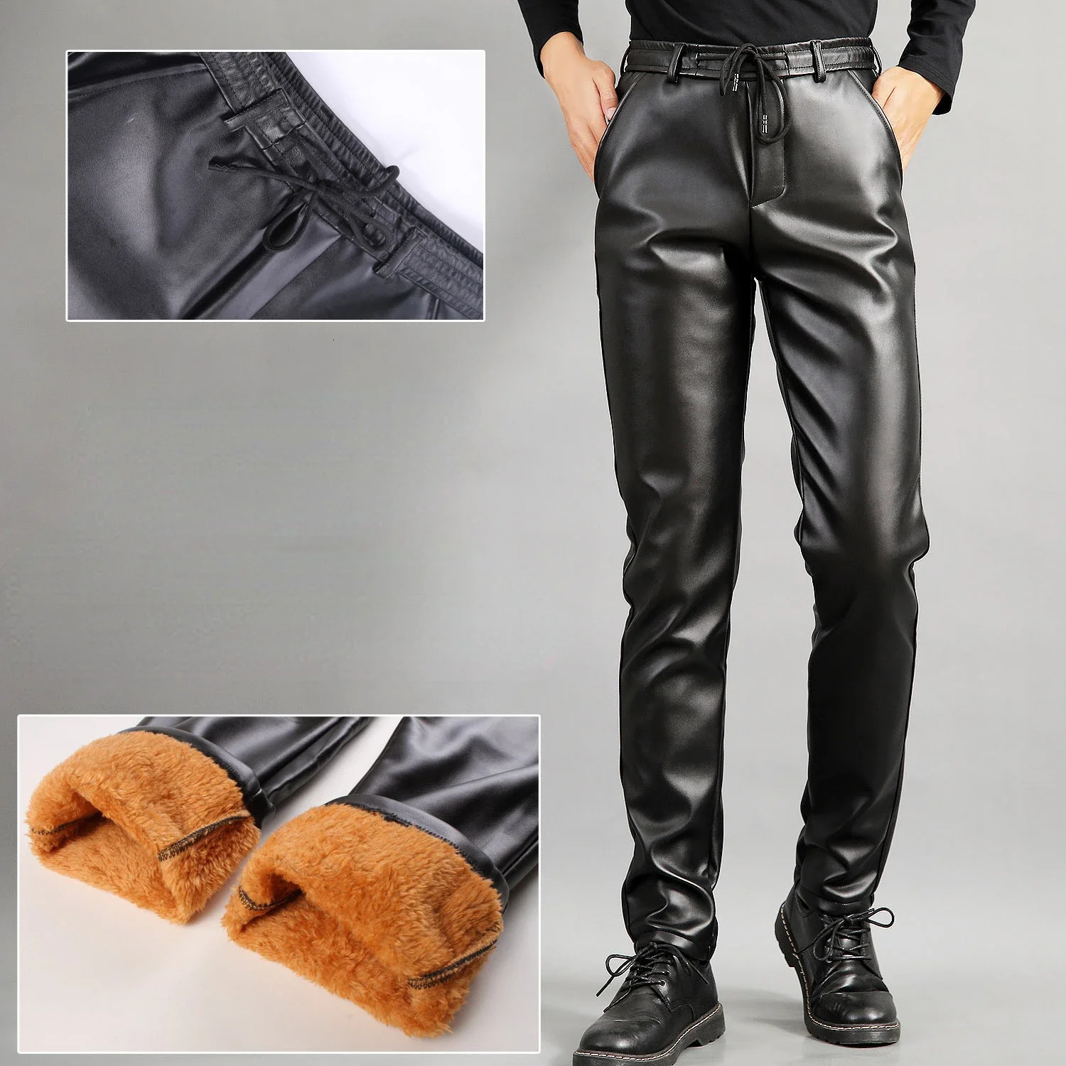 AutumnWinter Mens Leather Pants Feet Trendy Velvet Thickened Youth Motorcycle Slim Fit Elastic for Men 250614