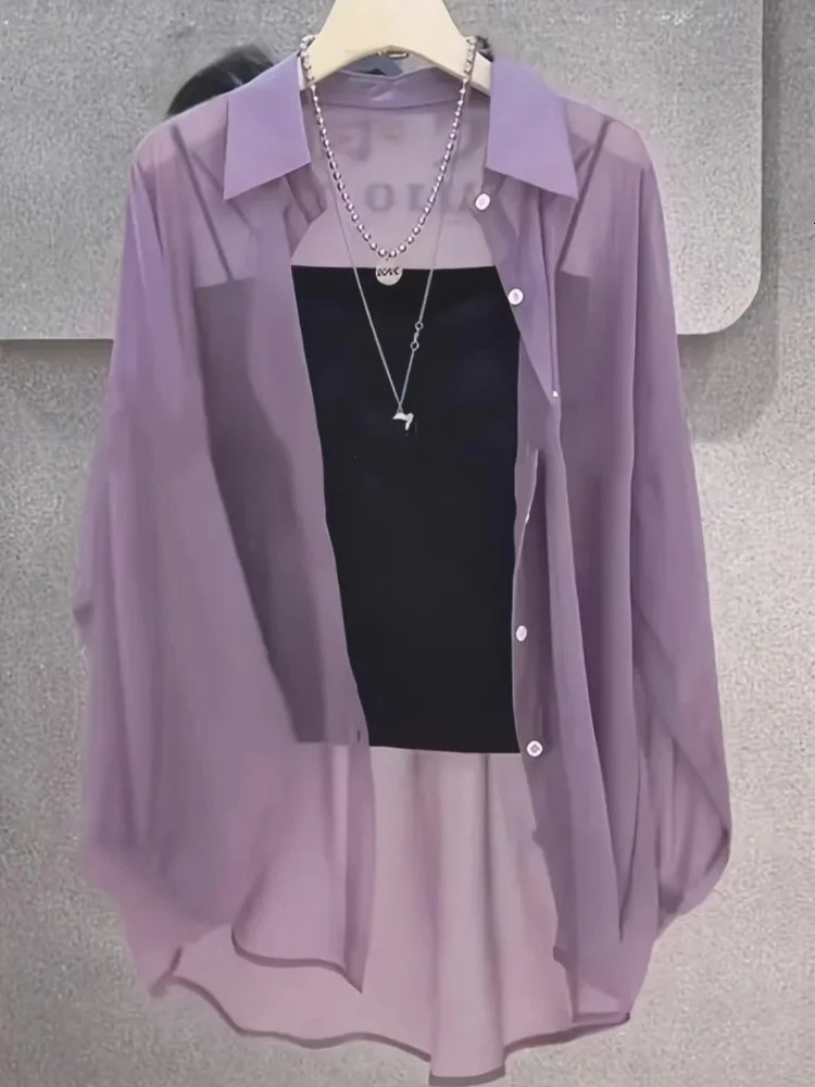 Plus Size Womens Shirts 2025 Summer Breathable and Sun-Proof Ice Silk with Button Thin Loose Sheer Chiffon Blouses Long Sleeve 250619