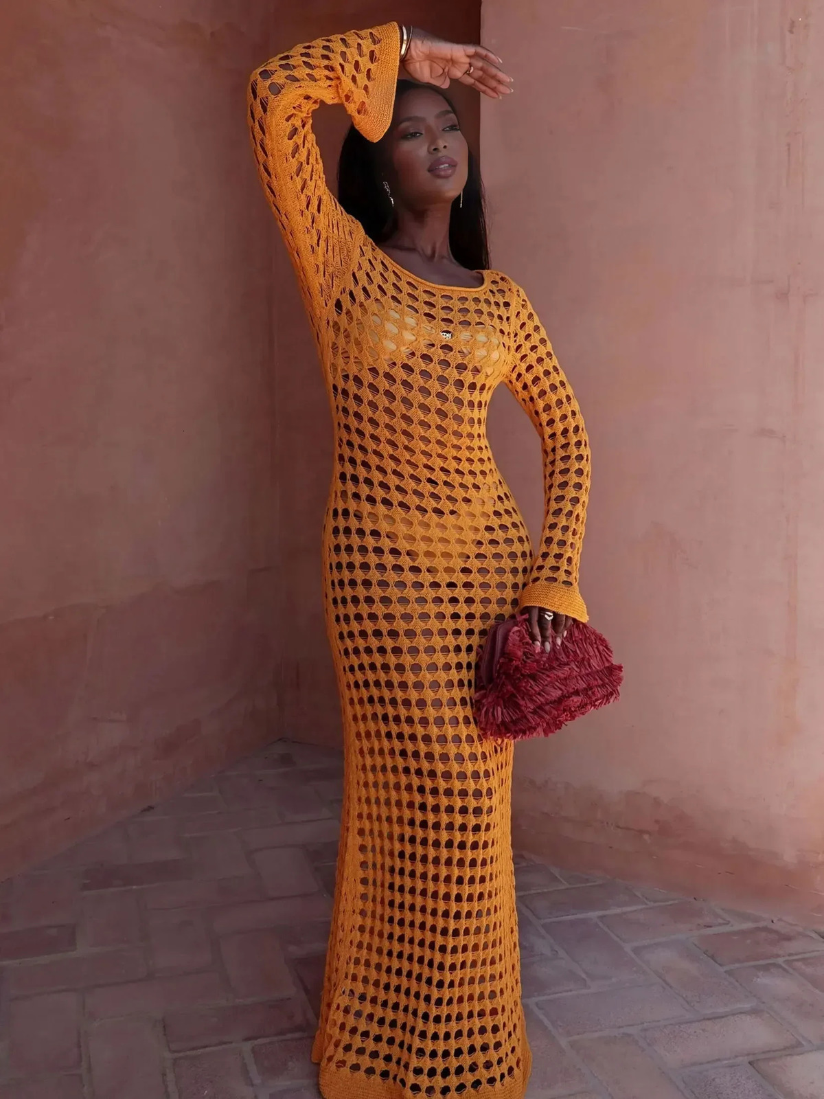 Women Autumn Sexy Hollow Cut Out Bell Sleeve Solid Knit Crochet Beach Dress Elegant Chic Silm Maxi Dresses Outfit K23 250617