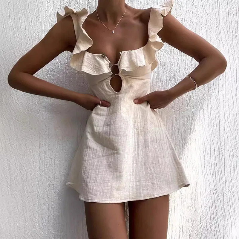 Summer Hollow Out Button Ruffles Short Dress Sexy V Neck Sleeveless Solid Color Dress Holiday Beach Cotton Linen Mini Dress 250618