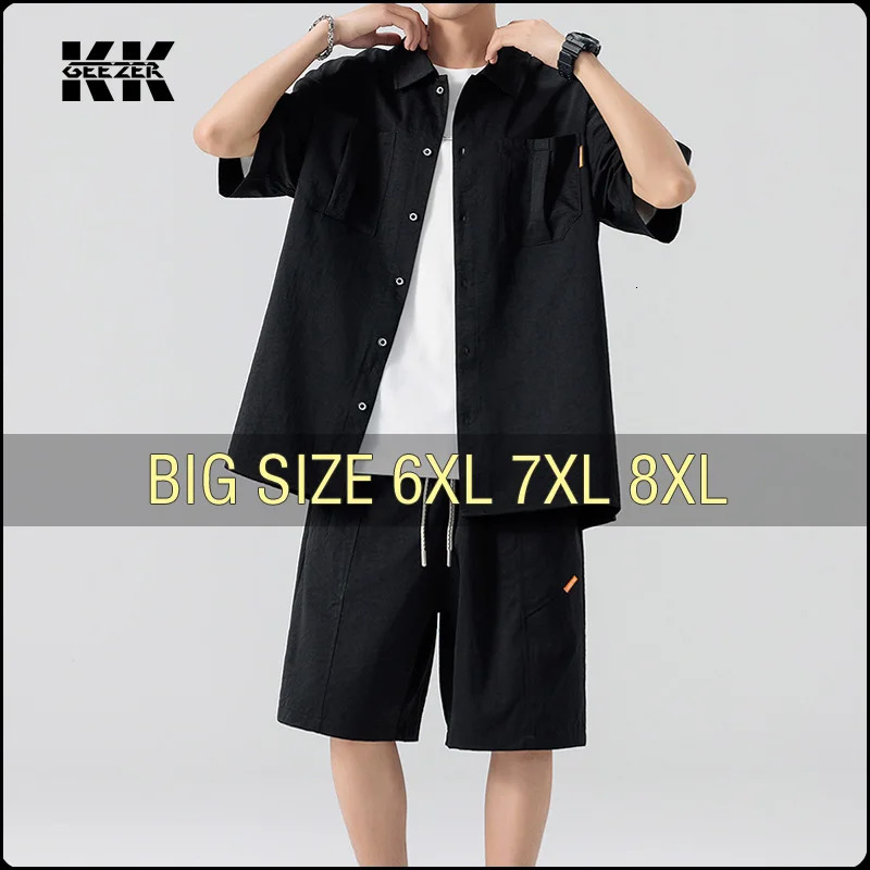 Men Shirt Suit Short Sleeve Shorts Set Oversize 6XL 7XL 8XL Plus Size Summer Casual Streetwear Loose Big Pocket High Quality 250614