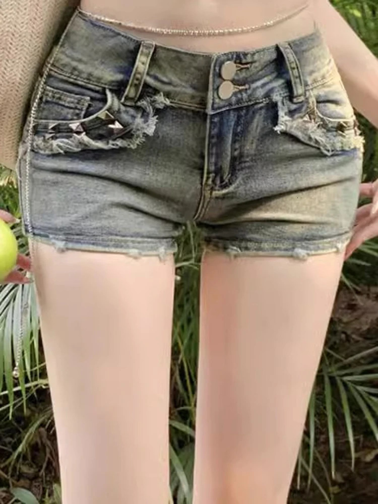 Women Korean Retro Y2k Shorts Pants Lady Vintage High Street Pants Female Blue Low Waist Elastic Wrapped Hip Short Jeans 250619