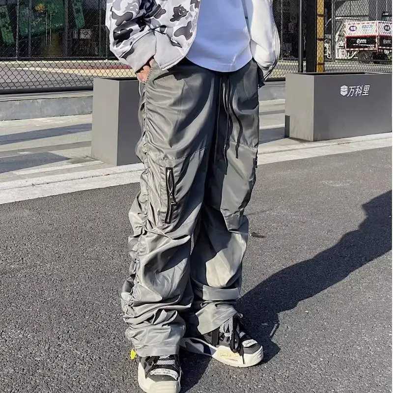 Men Multi Pocket Elastic Waist Harem Cargo Pants Nylon Streetwear Loose Work Wear Baggy Pants Man Vintage SweatpantsXJ250618