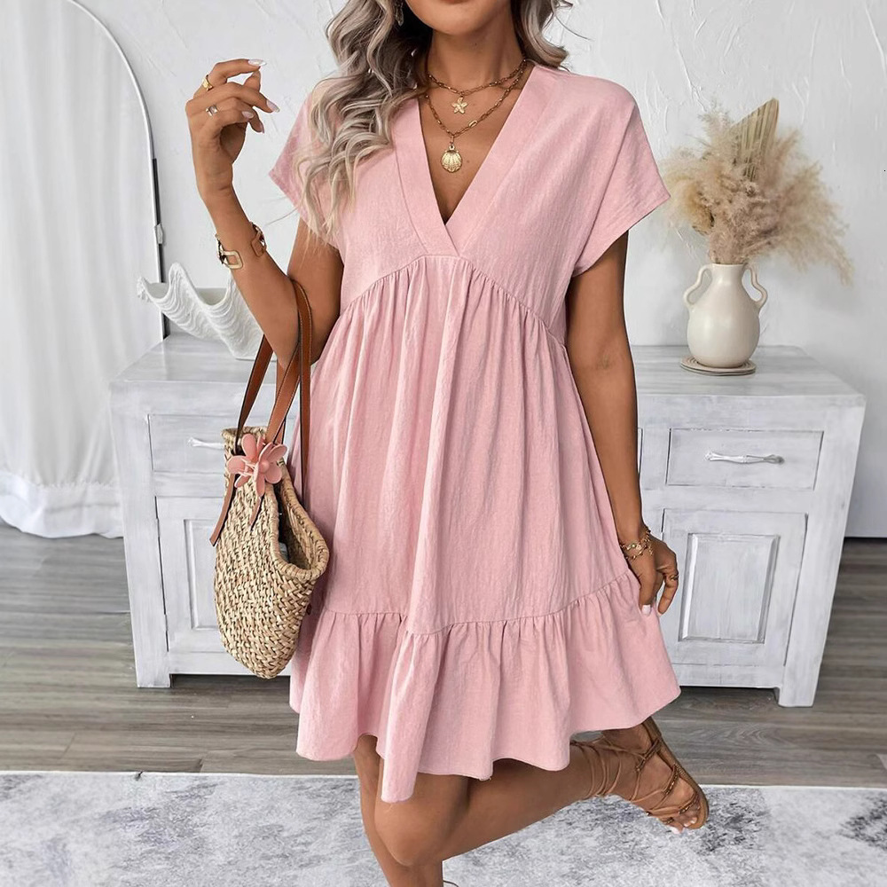 Womens Dress 2025 Summer Vacation Style Large Ruffle V-neck Solid Color Loose Short Dress