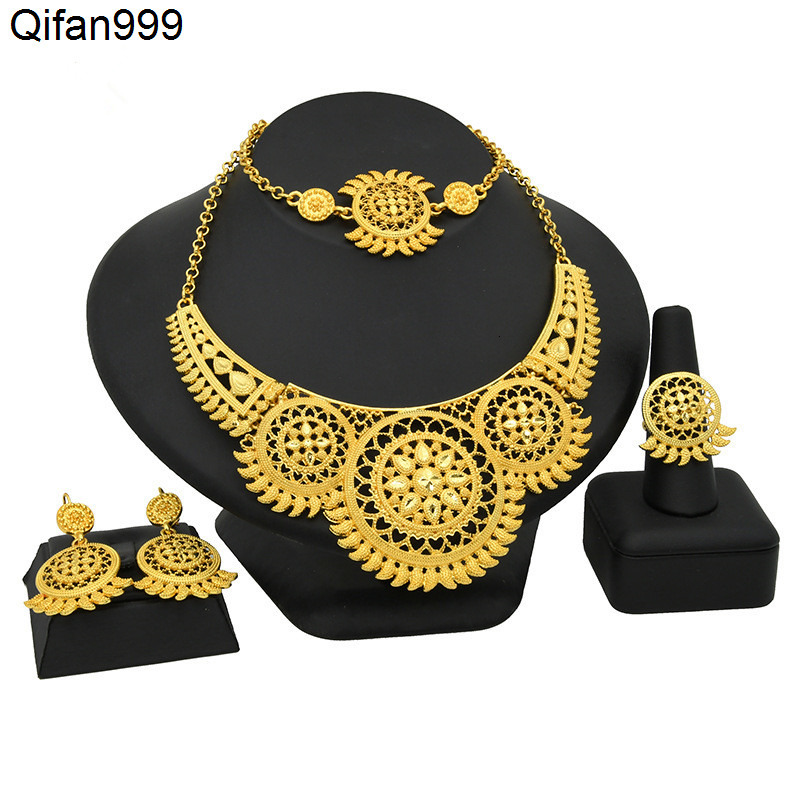 Cross Border European and American Bride Jewelry Four Piece Set Gold Necklace Earring Bracelet Ring Jewelry Set